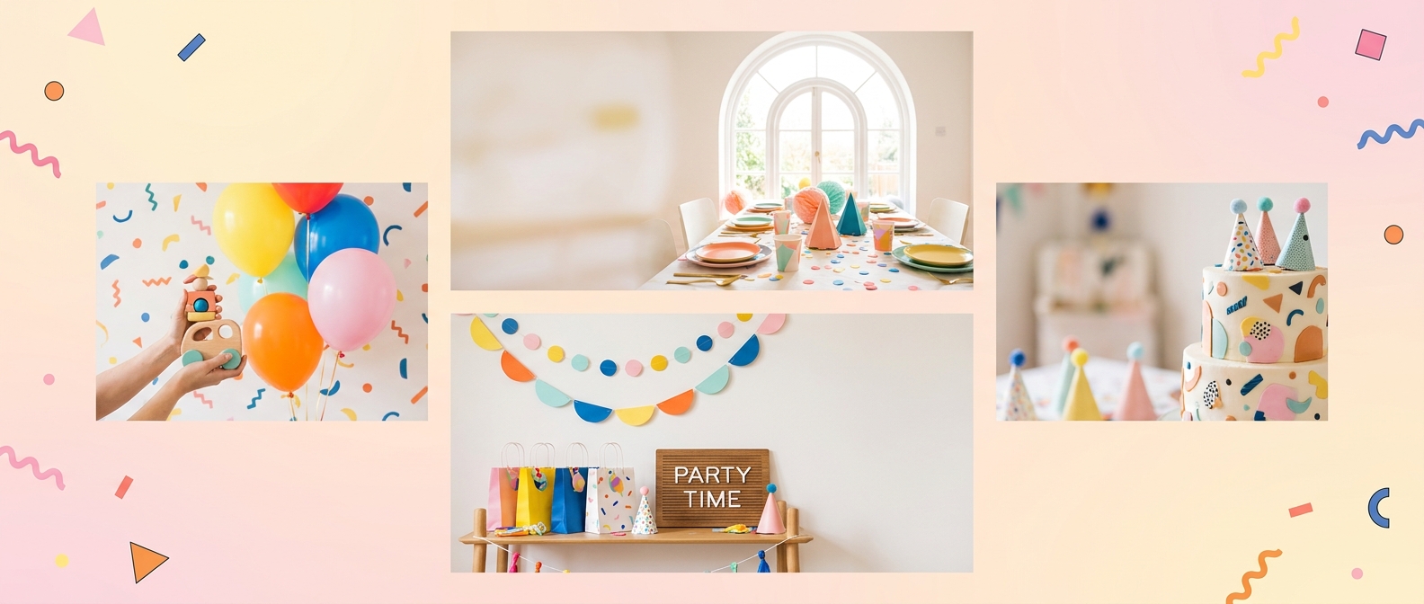 Confetti | Birthday & Party Venue Booking Template hero image — A bright, playful birthday and event venue website template — party packages grid (Kids / Adult / Baby Shower / Corporate / Bachelorette), photo gallery, capacity + floor plan, add-ons, instant booking calendar.