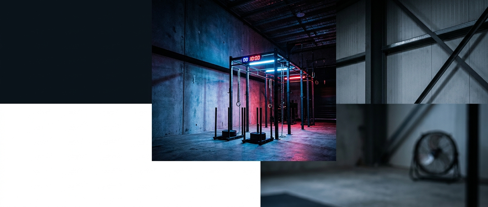 Pulse HIIT | CrossFit Performance Gym Template hero image — A high-energy CrossFit & HIIT performance gym website template — class schedule grid (HIIT / WOD / Olympic Lifting), coach team with credentials, transformation gallery, intro pass CTA, gym tour photos, location.