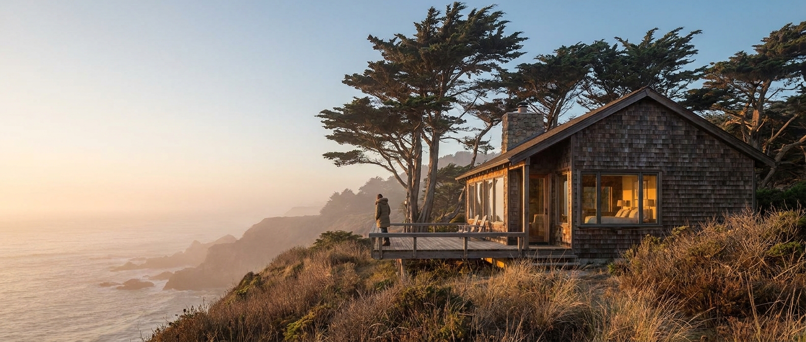 Coastline Stays | Vacation Rental Host Template hero image — A warm coastal vacation rental host website template — property grid with photos + sleep count + price, amenities, area things-to-do, guest reviews, instant booking.
